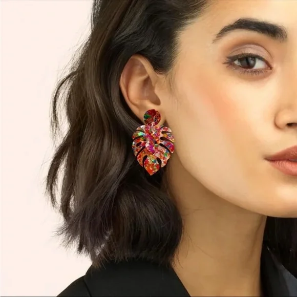 Tropical Monstera Leaf “Mila” Bohemian Palm Tree Green Acrylic Summer Earring - Picture 7 of 9